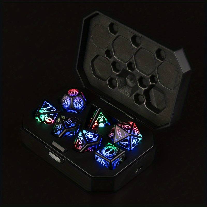 Light Up Rechargeable Dice Set For Dungeons and Dragons with USB Charging box (Rainbow)