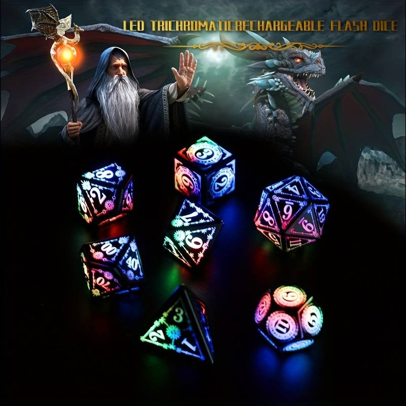 Light Up Rechargeable Dice Set For Dungeons and Dragons with USB Charging box (Rainbow)