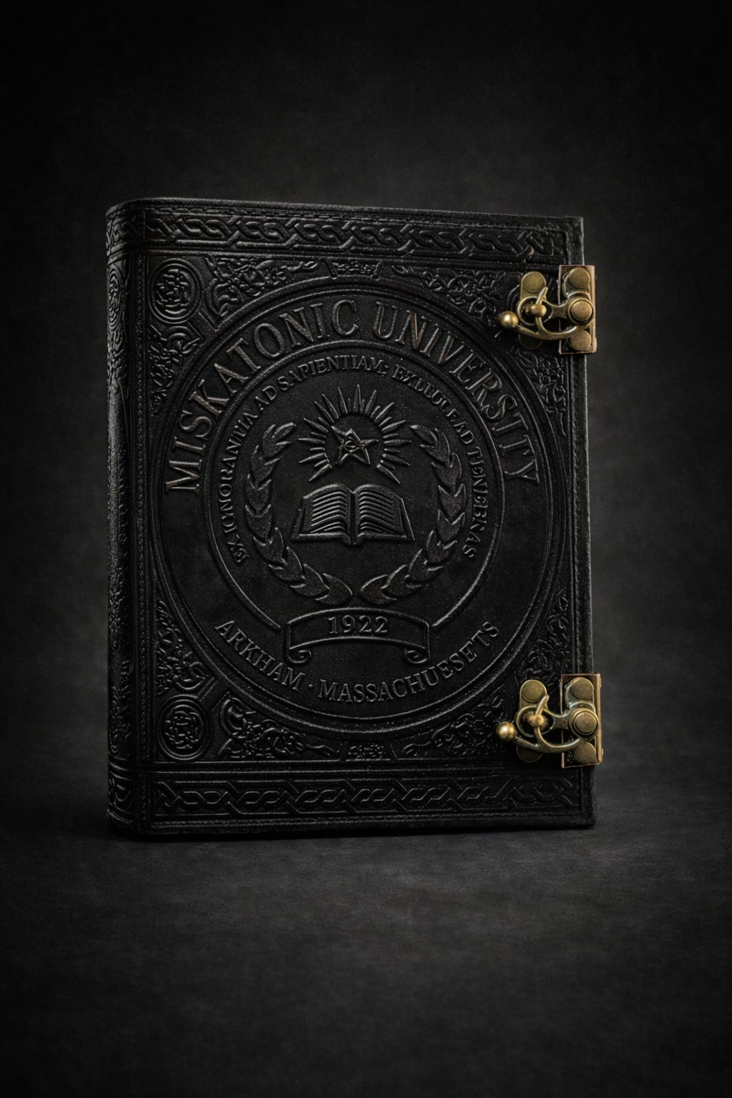 Miskatonic University Black Leather Journal – Hand‑Embossed Lovecraft Notebook with Antique Brass Double Lock | 100% Real Leather | Handmade Khadda Paper | Arkham Horror & Cthulhu RPG Gift