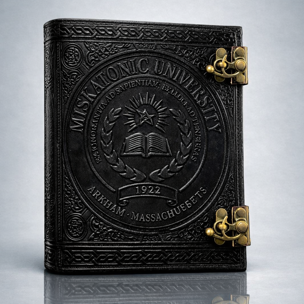 Miskatonic University Black Leather Journal – Hand‑Embossed Lovecraft Notebook with Antique Brass Double Lock | 100% Real Leather | Handmade Khadda Paper | Arkham Horror & Cthulhu RPG Gift