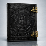 Miskatonic University Black Leather Journal – Hand‑Embossed Lovecraft Notebook with Antique Brass Double Lock | 100% Real Leather | Handmade Khadda Paper | Arkham Horror & Cthulhu RPG Gift