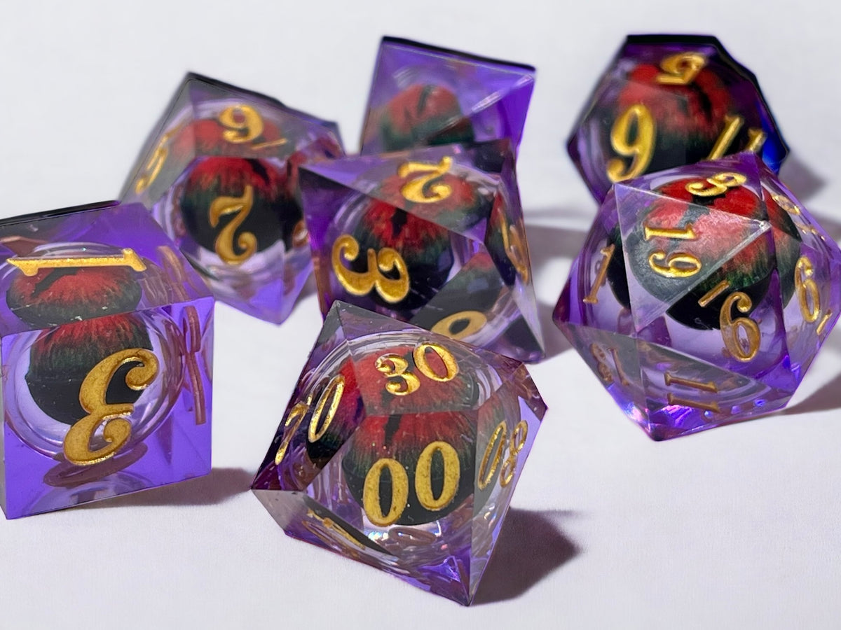 Floating Dragon Eye Polyhedral Dice Set In Limited Edition Wooden D&D Presentation Box