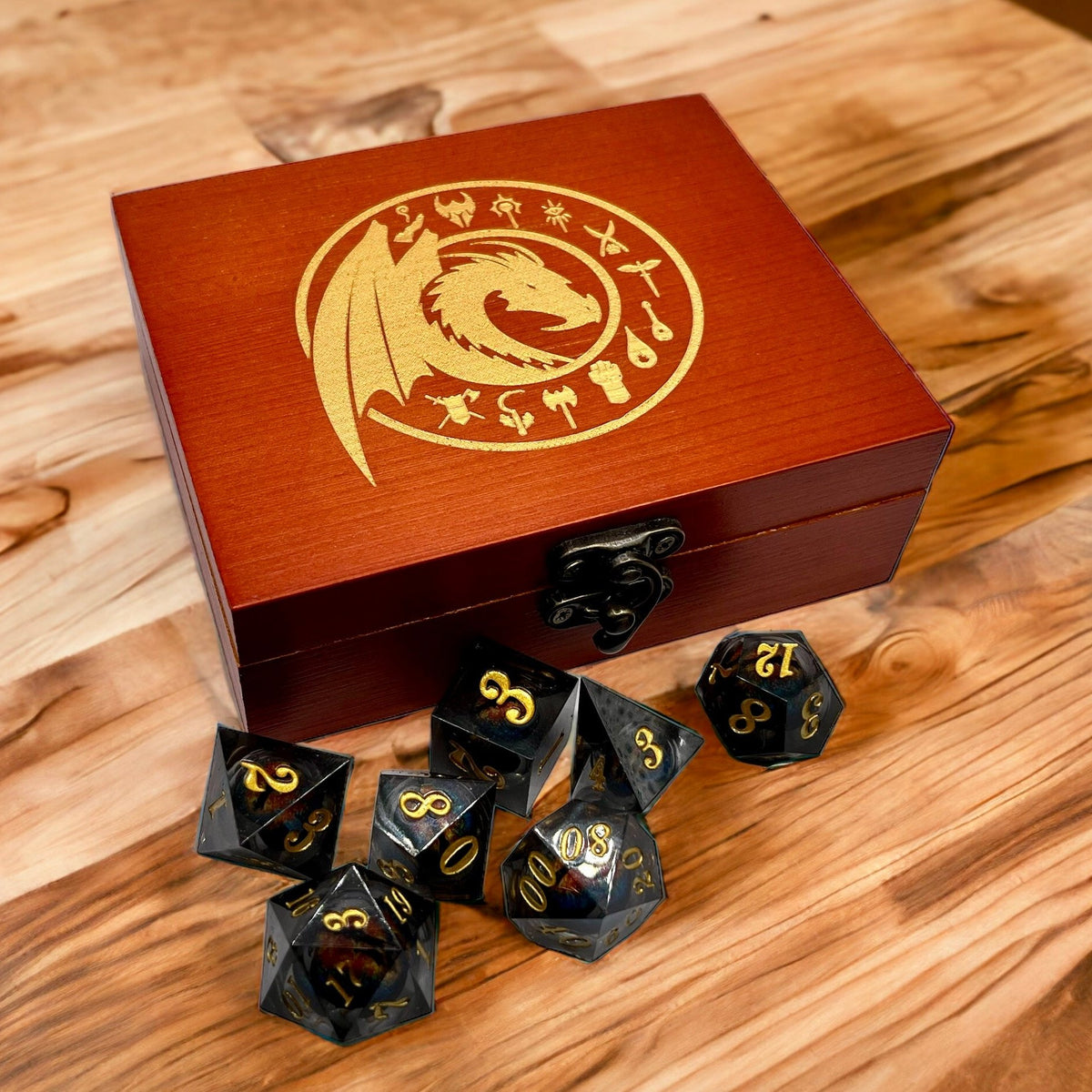 Floating Dragon Eye Polyhedral Dice Set In Limited Edition Wooden D&D Presentation Box