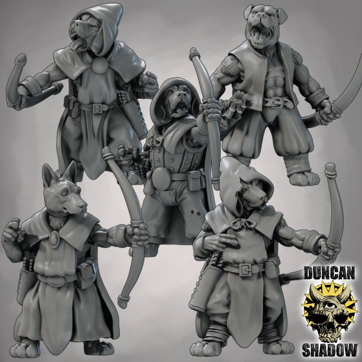 Dog Folk Rangers with Bows - Resin Mini | DnD & Tabletop | 28mm
