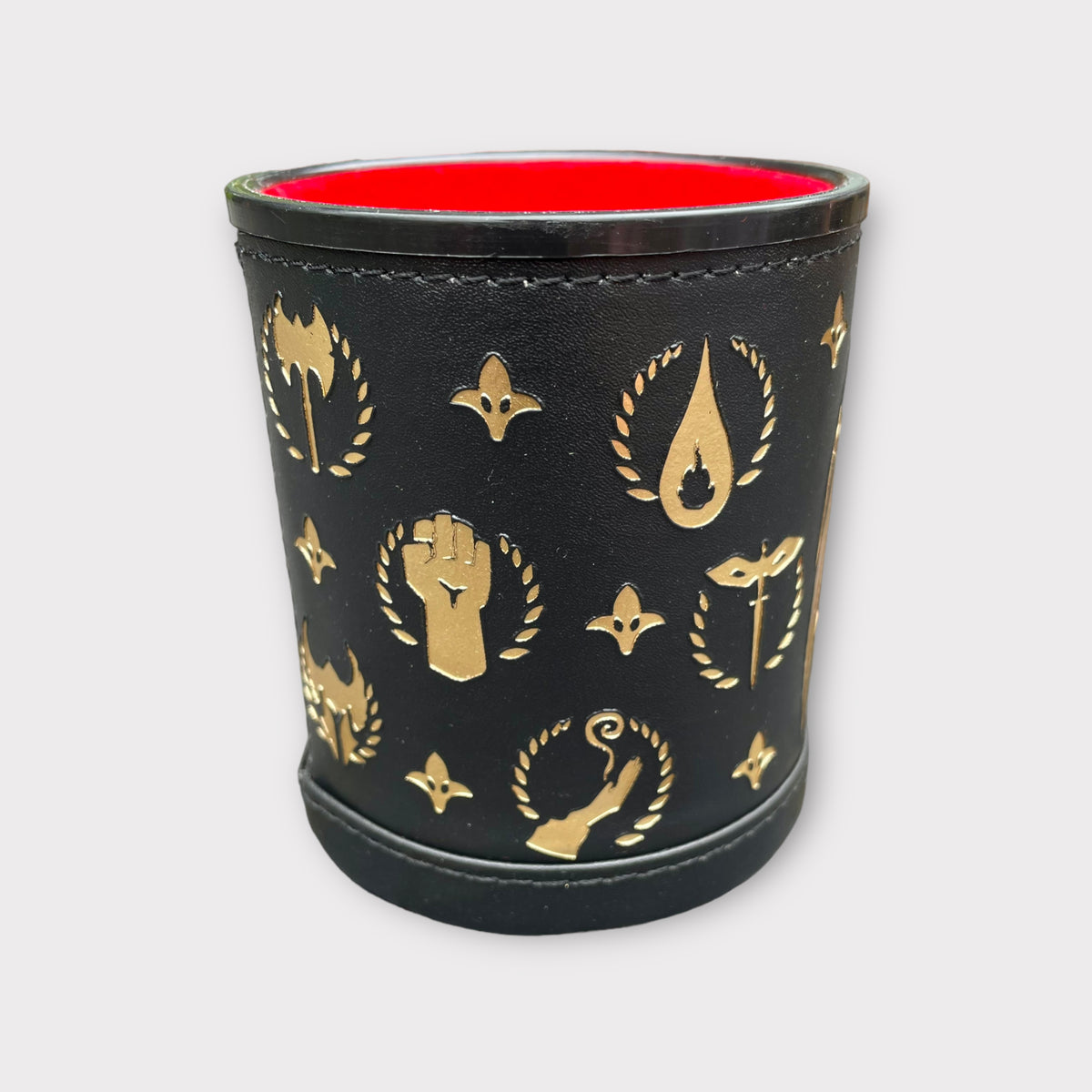 Luxury Leather Dungeons and Dragons Themed Dice Shaker Tumbler With Gold Foil Design