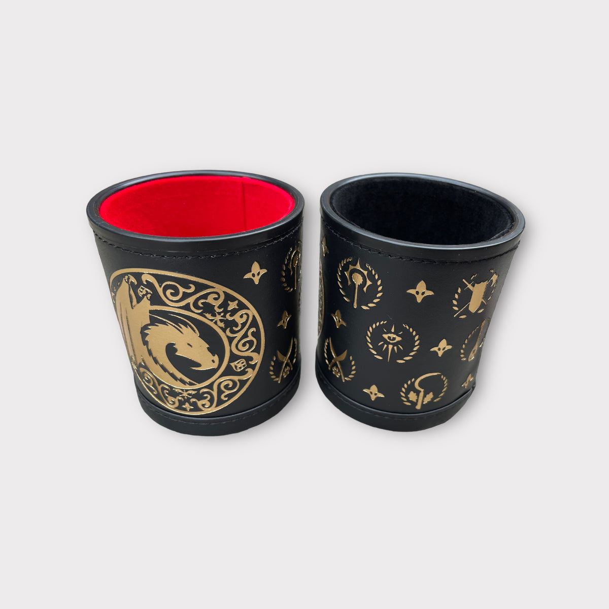 Luxury Leather Dungeons and Dragons Themed Dice Shaker Tumbler With Gold Foil Design