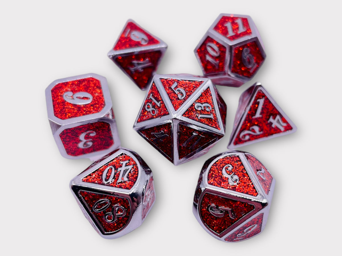 DICE Shimmering Red and Silver Metal Polyhedral Set of 7 DnD Dice and Tumbler