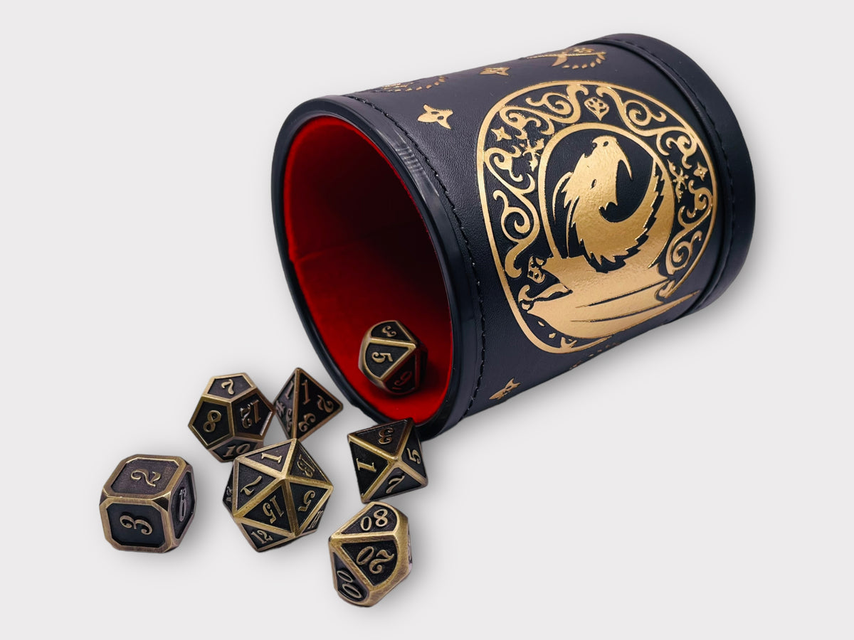 DICEAntique Bronze Metal PolyhedralSet of 7 DnD Dice and Tumbler