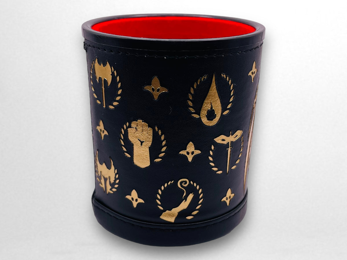 Luxury Leather Dungeons and Dragons Themed Dice Shaker Tumbler With Gold Foil Design