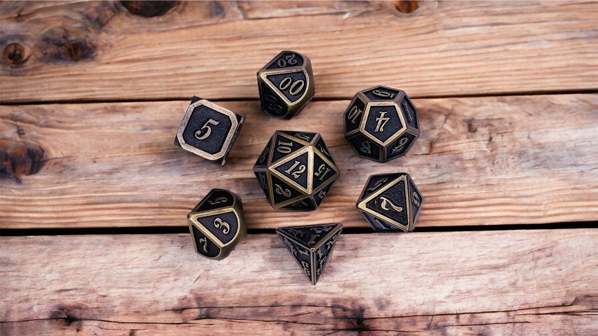 DICEAntique Bronze Metal PolyhedralSet of 7 DnD Dice and Tumbler