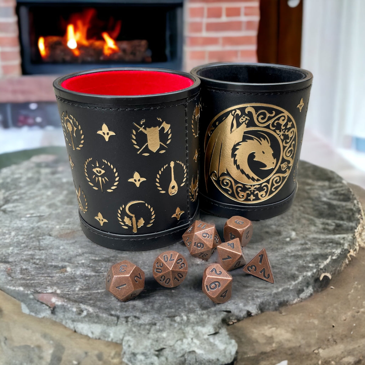 Luxury Leather Dungeons and Dragons Themed Dice Shaker Tumbler With Gold Foil Design