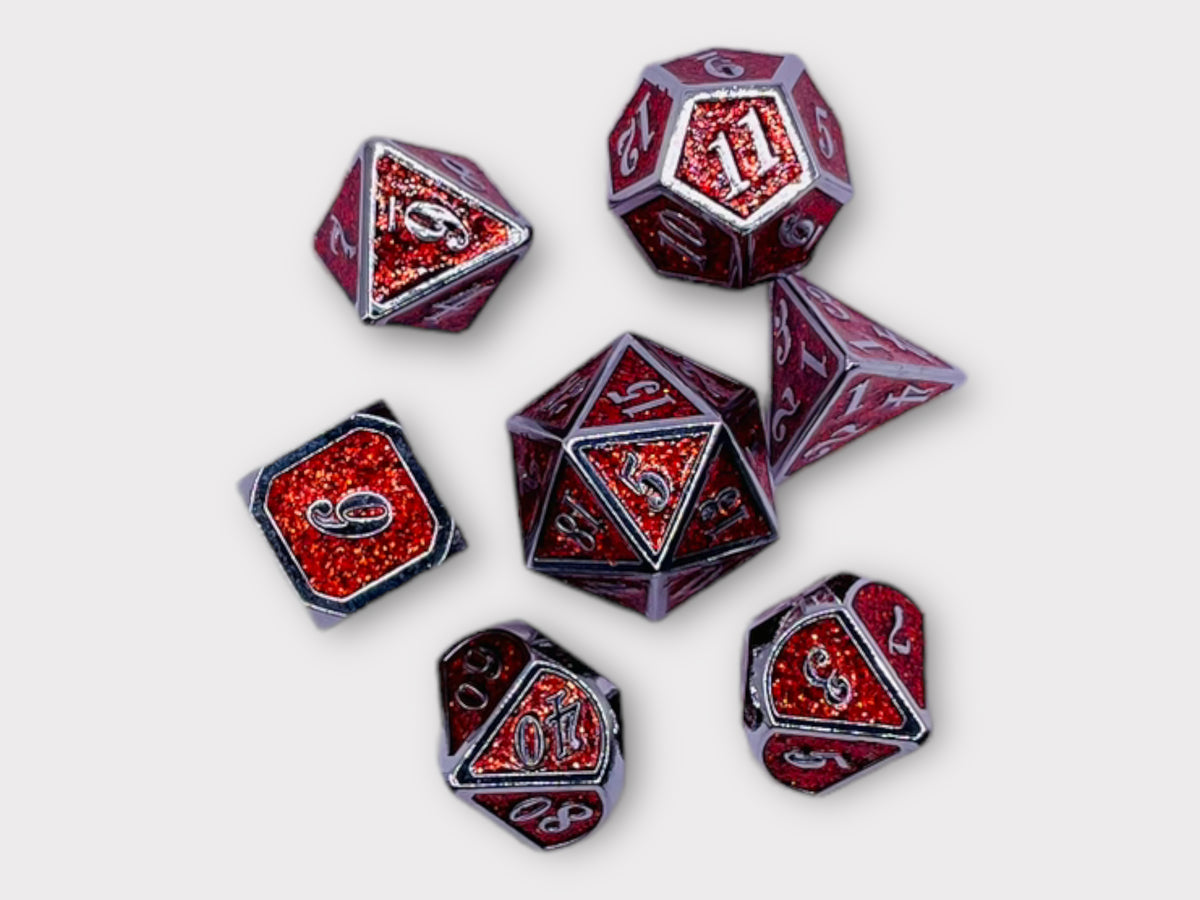DICE Shimmering Red and Silver Metal Polyhedral Set of 7 DnD Dice and Tumbler