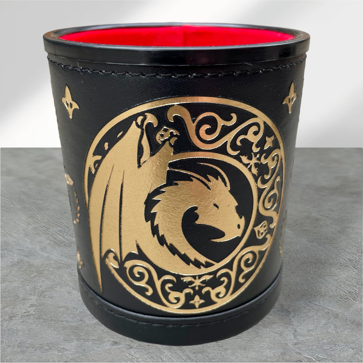 Luxury Leather Dungeons and Dragons Themed Dice Shaker Tumbler With Gold Foil Design