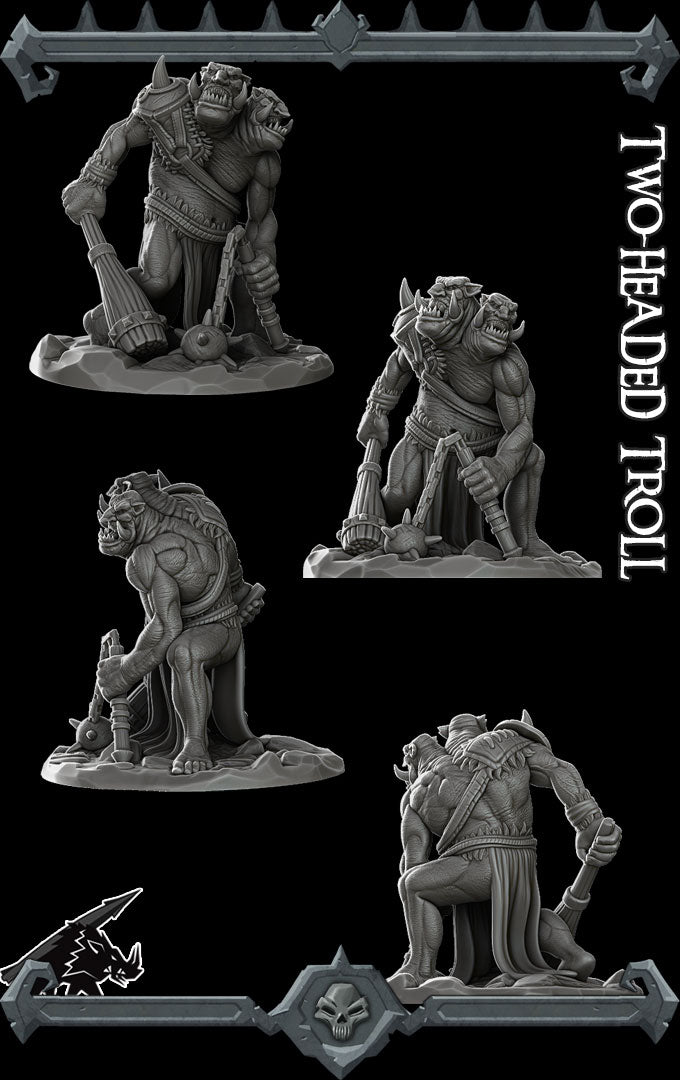TWO-HEADED TROLL - Miniature | All Sizes | Dungeons and Dragons | Pathfinder | War Gaming
