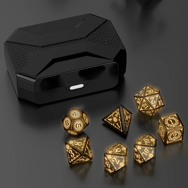 Light Up Rechargeable Dice Set For Dungeons and Dragons with USB Charging box (Amber)