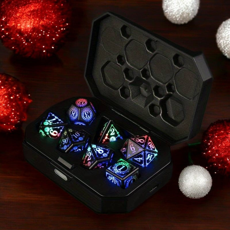 Light Up Rechargeable Dice Set For Dungeons and Dragons with USB Charging box (Rainbow)