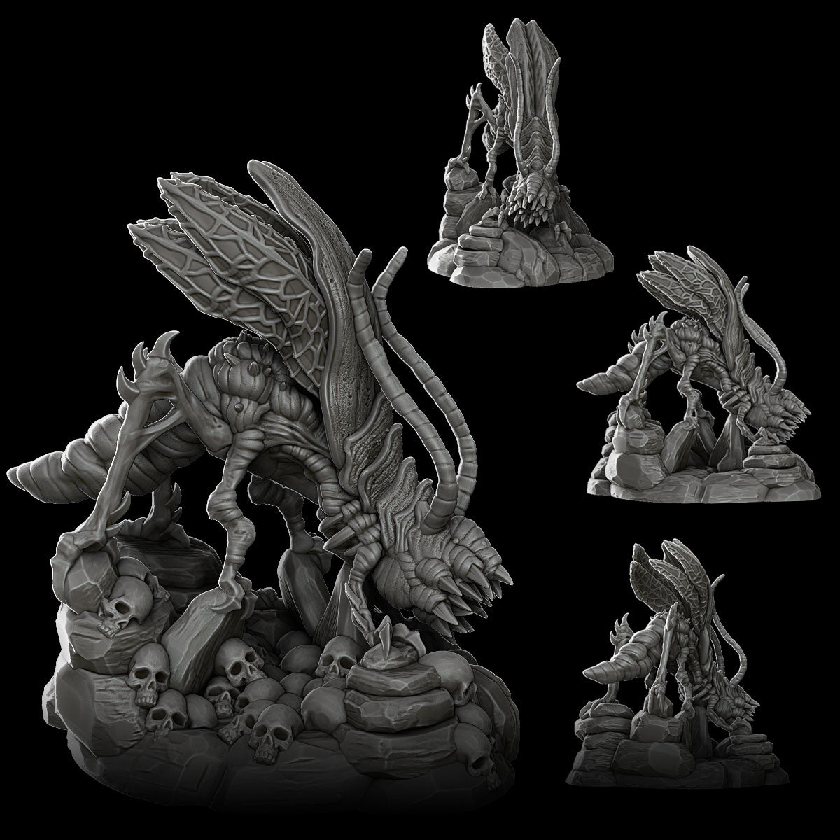 a set of three sculptures of a demon