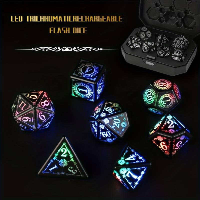 Light Up Rechargeable Dice Set For Dungeons and Dragons with USB Charging box (Rainbow)