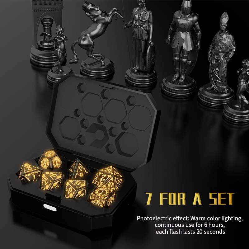 Light Up Rechargeable Dice Set For Dungeons and Dragons with USB Charging box (Amber)
