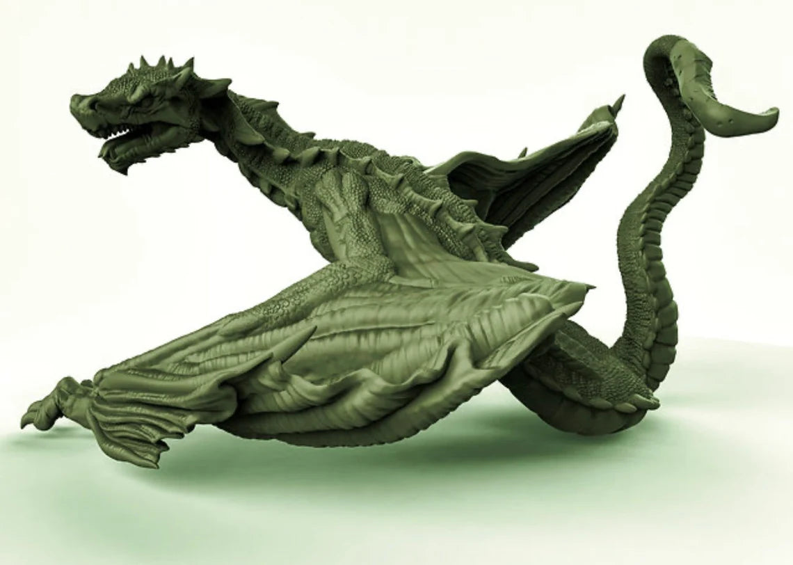 a green dragon statue sitting on top of a white floor
