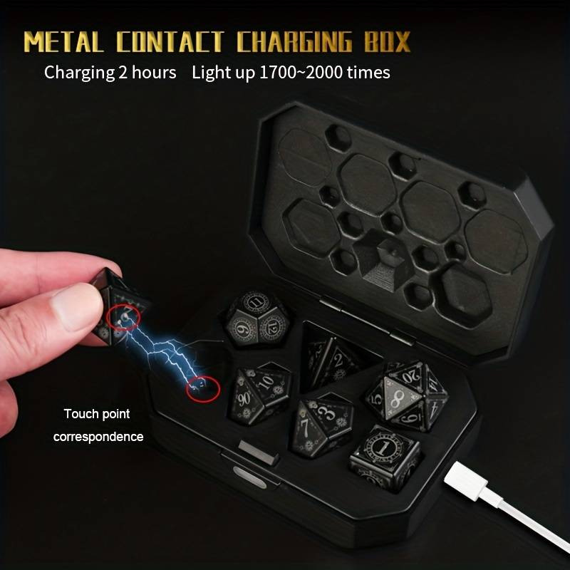 Light Up Rechargeable Dice Set For Dungeons and Dragons with USB Charging box (Rainbow)