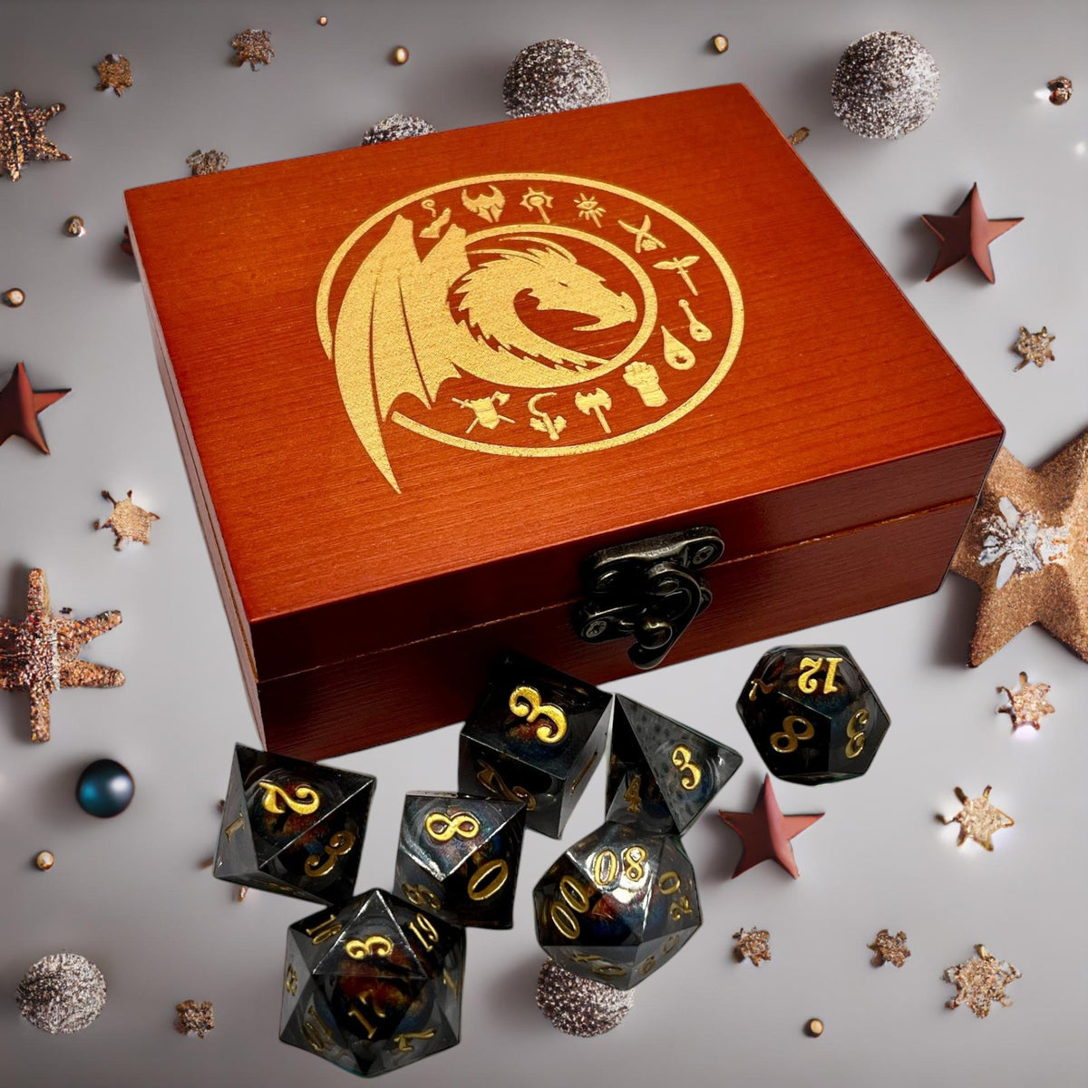 Floating Dragon Eye Polyhedral Dice Set In Limited Edition Wooden D&D Presentation Box