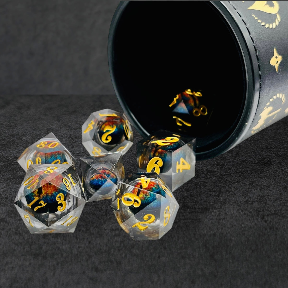 Floating Dragon Eye Polyhedral Dice Set In Limited Edition Wooden D&D Presentation Box