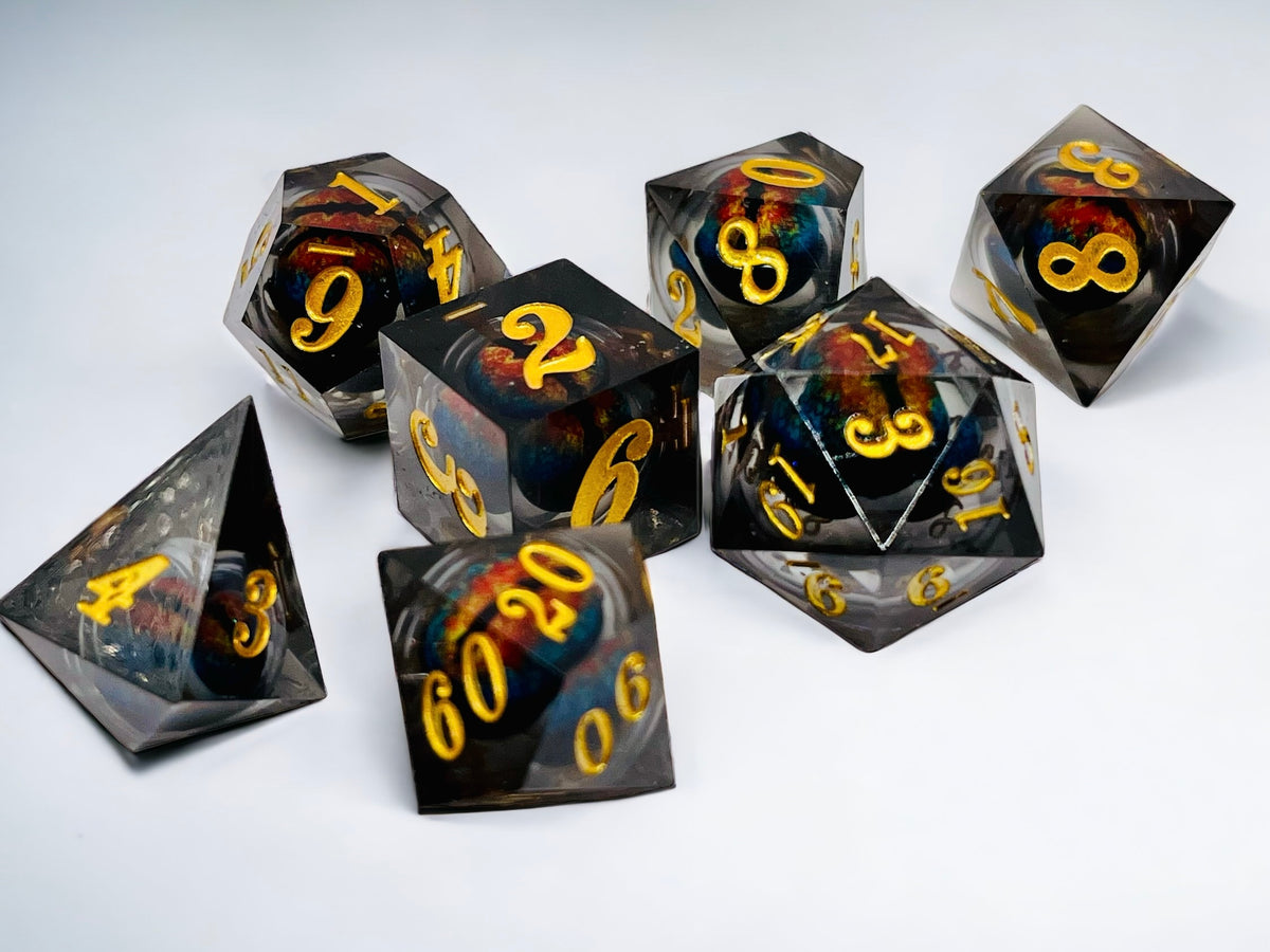 Floating Dragon Eye Polyhedral Dice Set In Limited Edition Wooden D&D Presentation Box