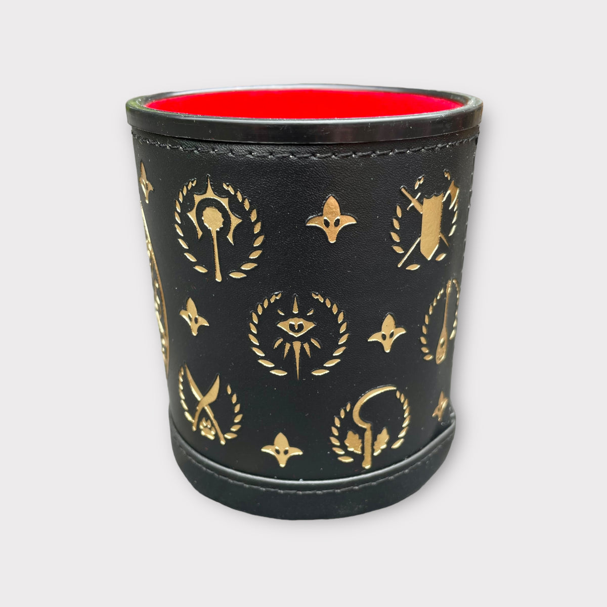 Luxury Leather Dungeons and Dragons Themed Dice Shaker Tumbler With Gold Foil Design