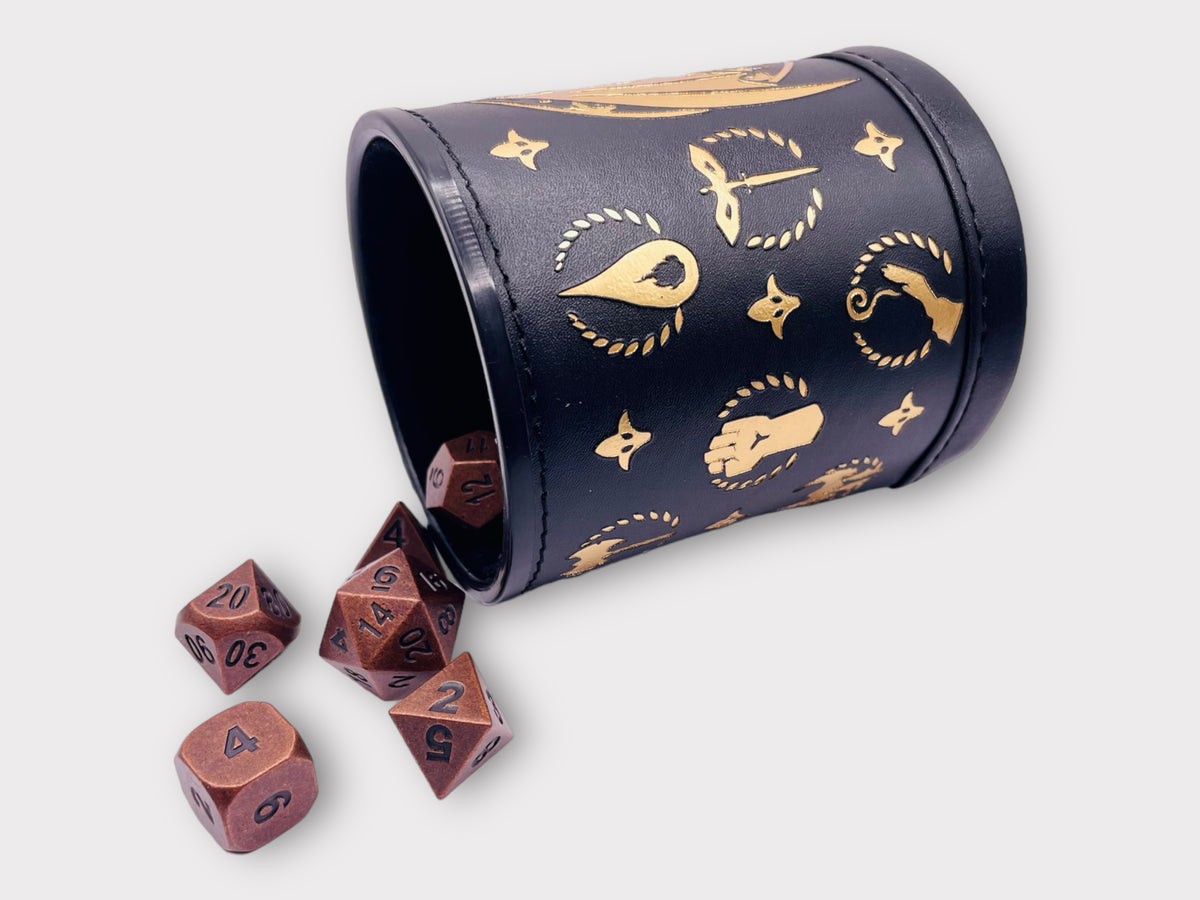 DICE Antique Copper Metal Polyhedral Set of 7 DnD Dice and Tumbler