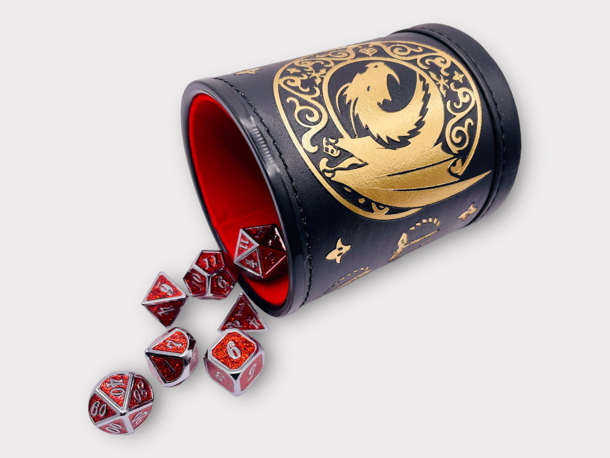 DICE Shimmering Red and Silver Metal Polyhedral Set of 7 DnD Dice and Tumbler