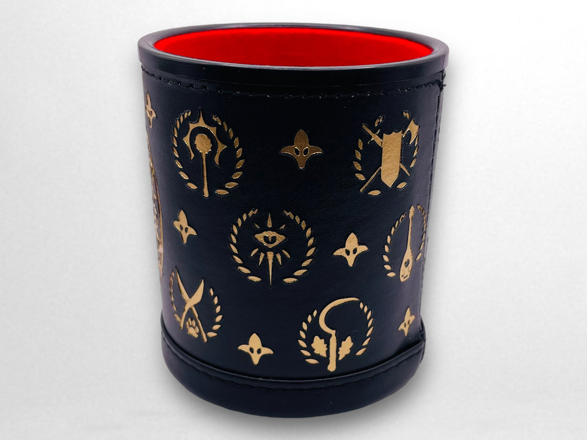 Luxury Leather Dungeons and Dragons Themed Dice Shaker Tumbler With Gold Foil Design