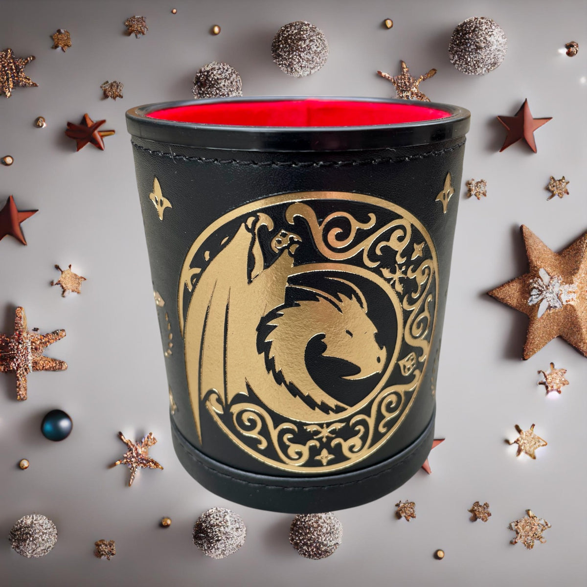 Luxury Leather Dungeons and Dragons Themed Dice Shaker Tumbler With Gold Foil Design