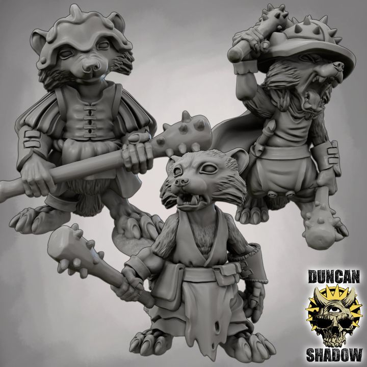 Raccoon Folk with Clubs - Resin Mini | DnD & Tabletop | 28mm
